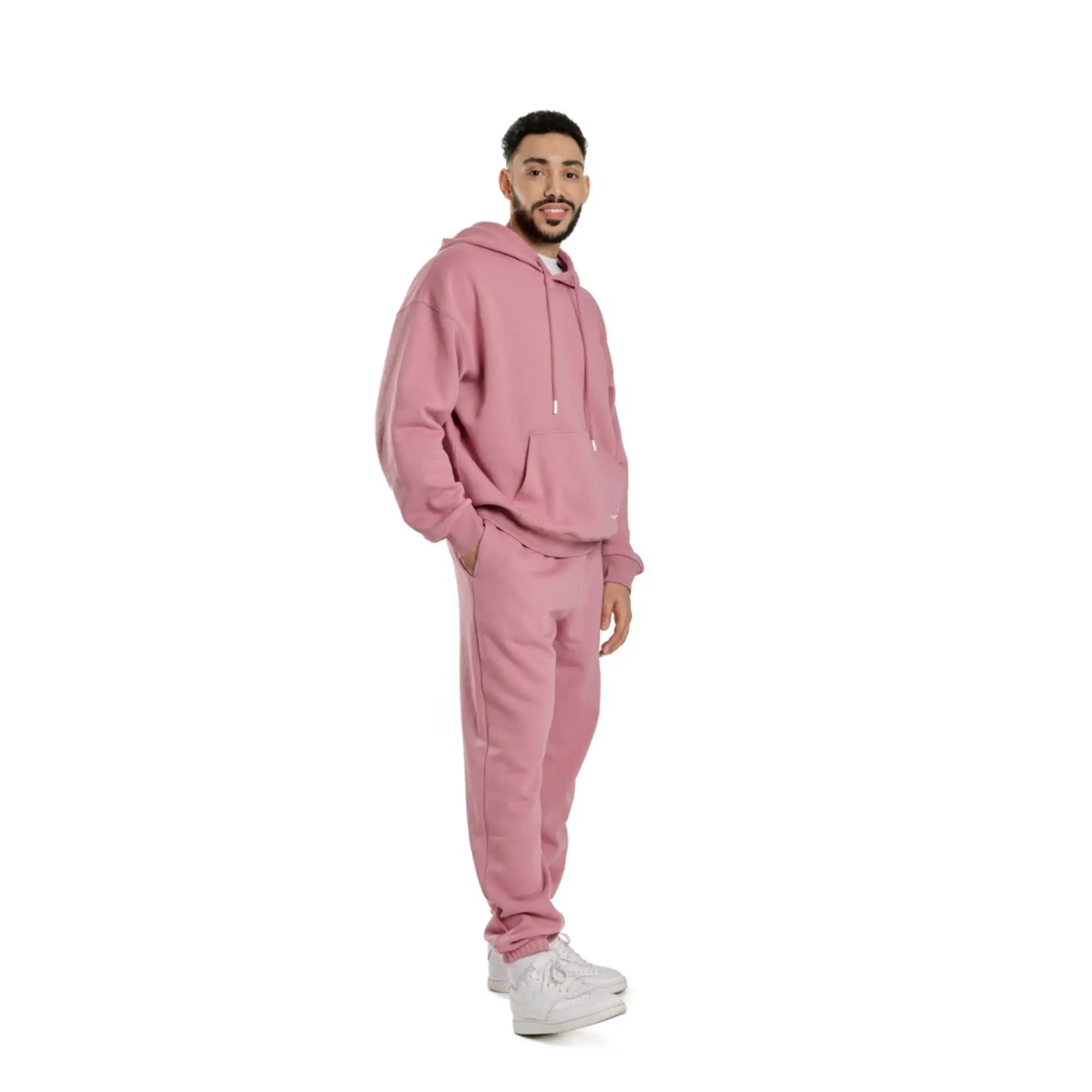 60% Cotton 40% Polyester Mens Premium Fleece Relaxed Sweatsuit Set in Orchid Pink with Pockets and Soft Brushed Inside