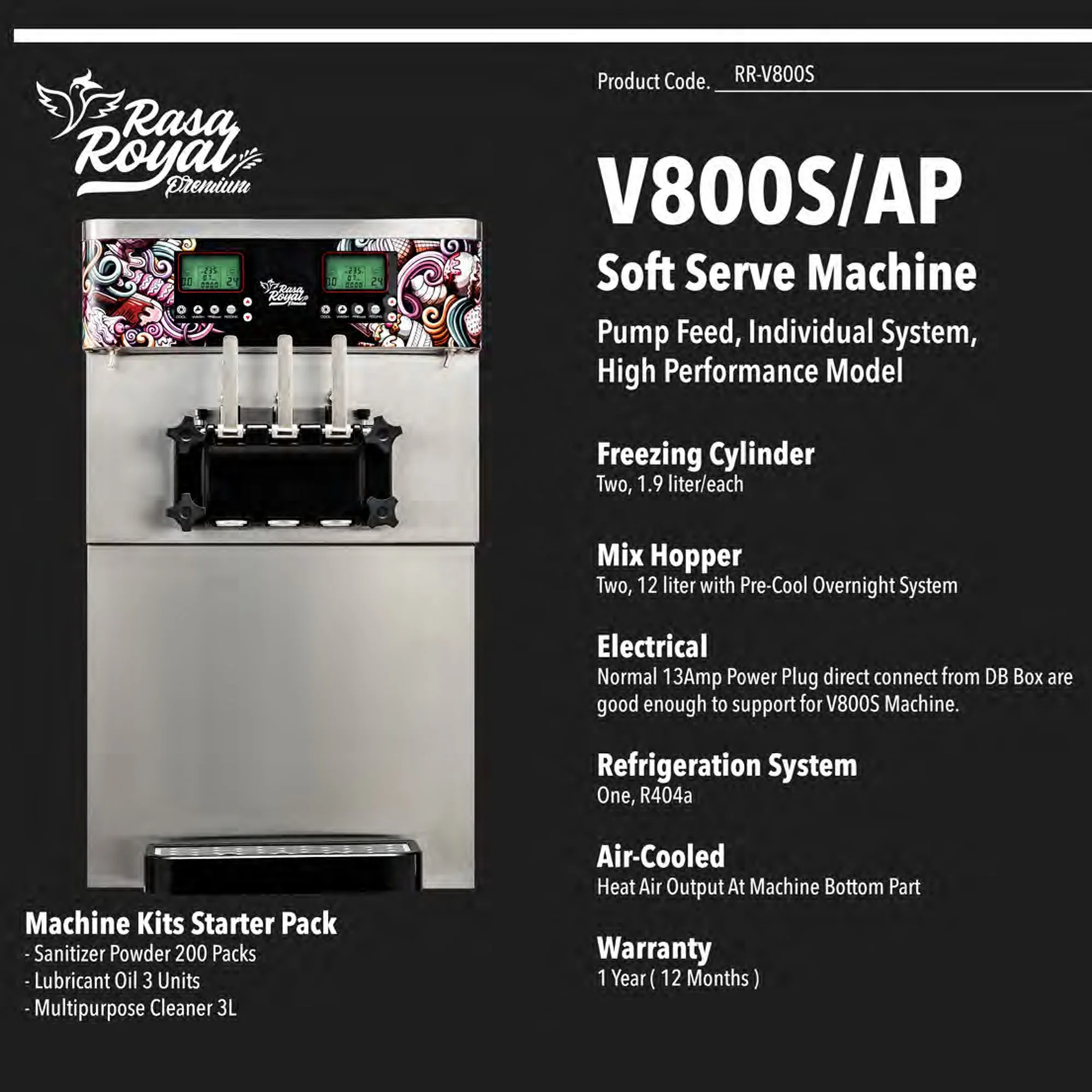 Rasa Royal Premium Ice Cream Soft Serve Countertop Machine for Commercial Use, Two Flavor, Digital Control, Twin Twist, Pump