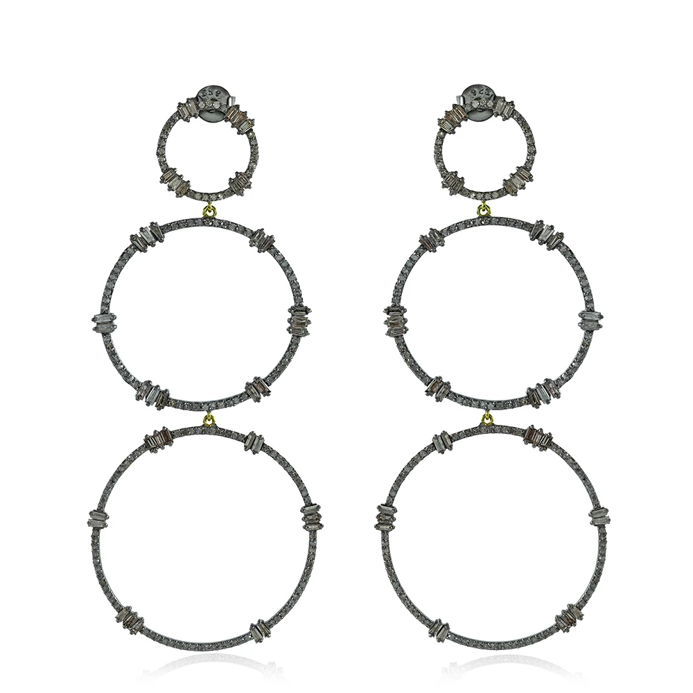 New Design Three Circle Oxidized 925 Silver 14Kt Gold Dangle Drop Diamond Earrings Jewelry Push Back Jewelry