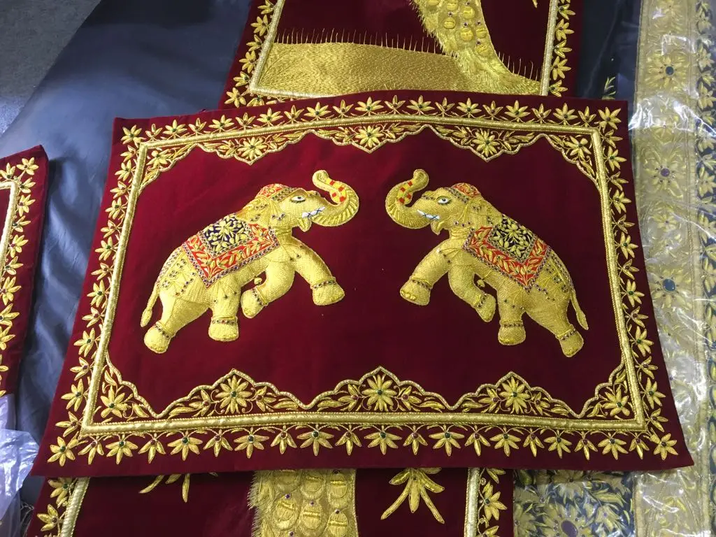 Indian Embroidered Zardosi Wall Decorative Jewel Carpet with Precious Stones and Golden Wires