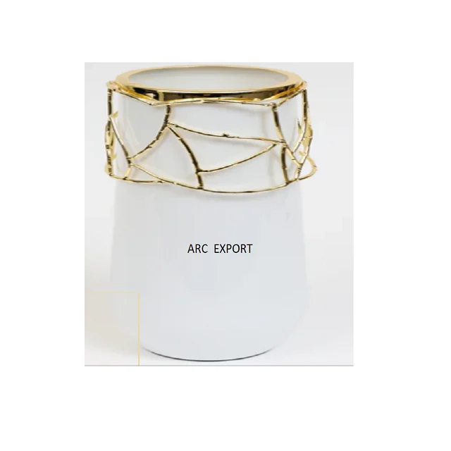 Modern Luxury White Designer Brass Metal With Golden Designing Pot Decoration Antique Decorative Flower Vase