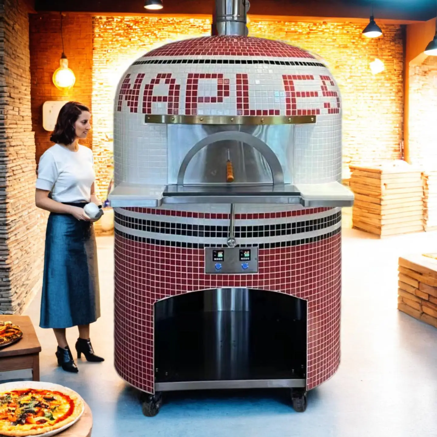 A wood fired burning used backofen commercial pizza oven production line bakery equipments for sale machine restaurants business