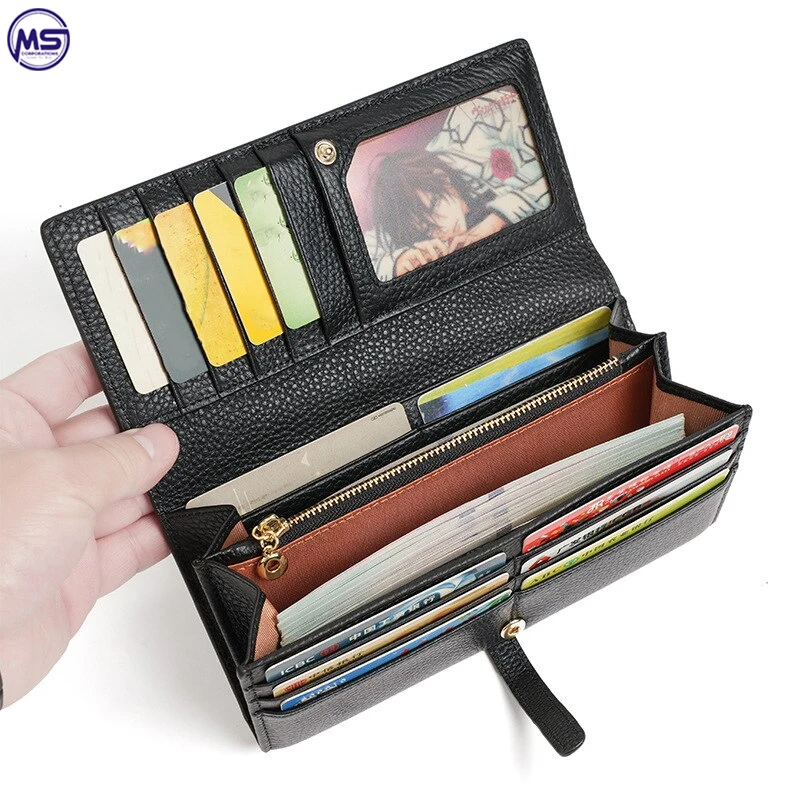 Custom Made Your Own Design Black Color High Quality Women Double Zipper Leather Wallets For Girls