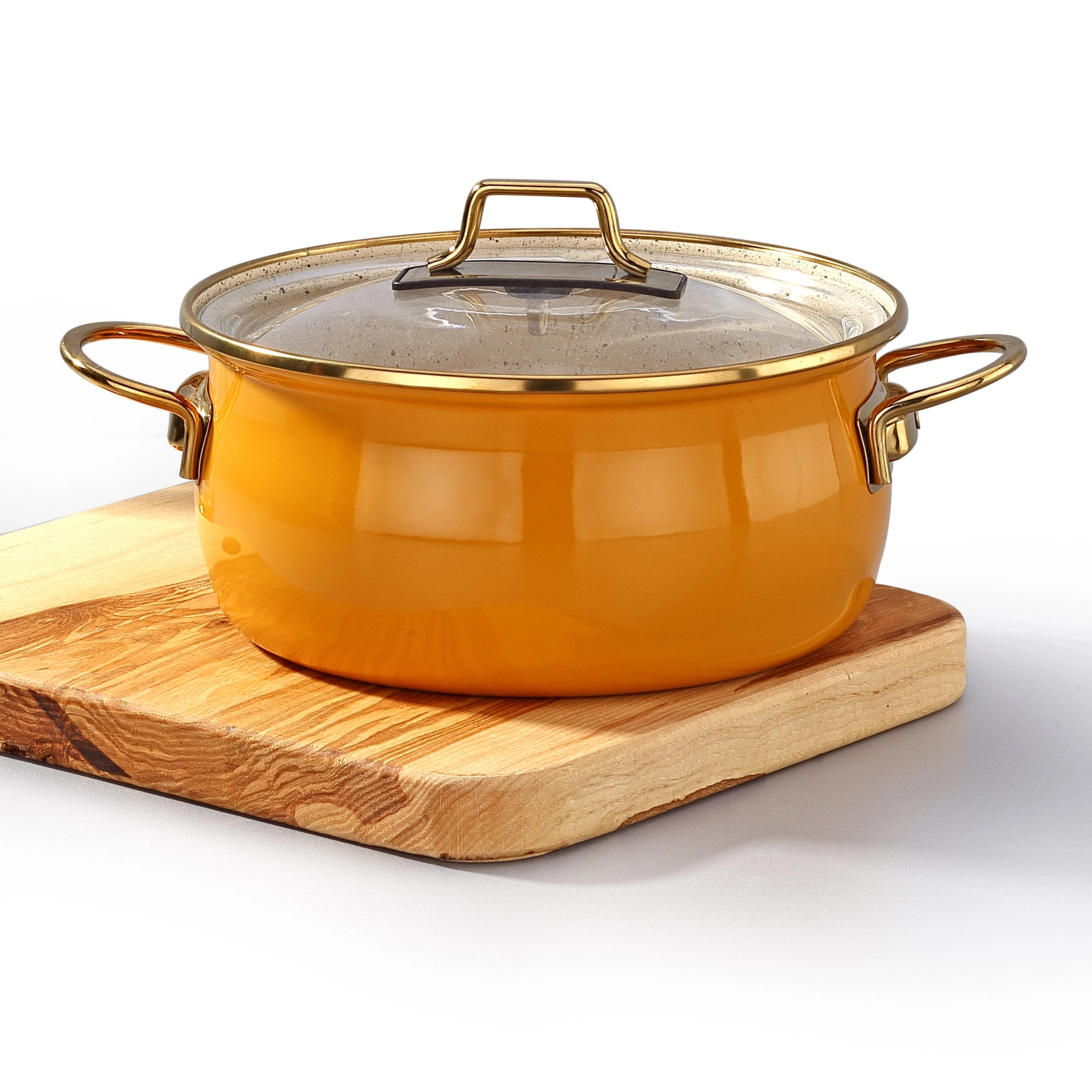 Inside Granite  & Outside Enamel Coated Steel Vintage 6 pcs Cookware Set Mustard Yellow 18-20 cm Pot/ 22 cm Shallow Pot