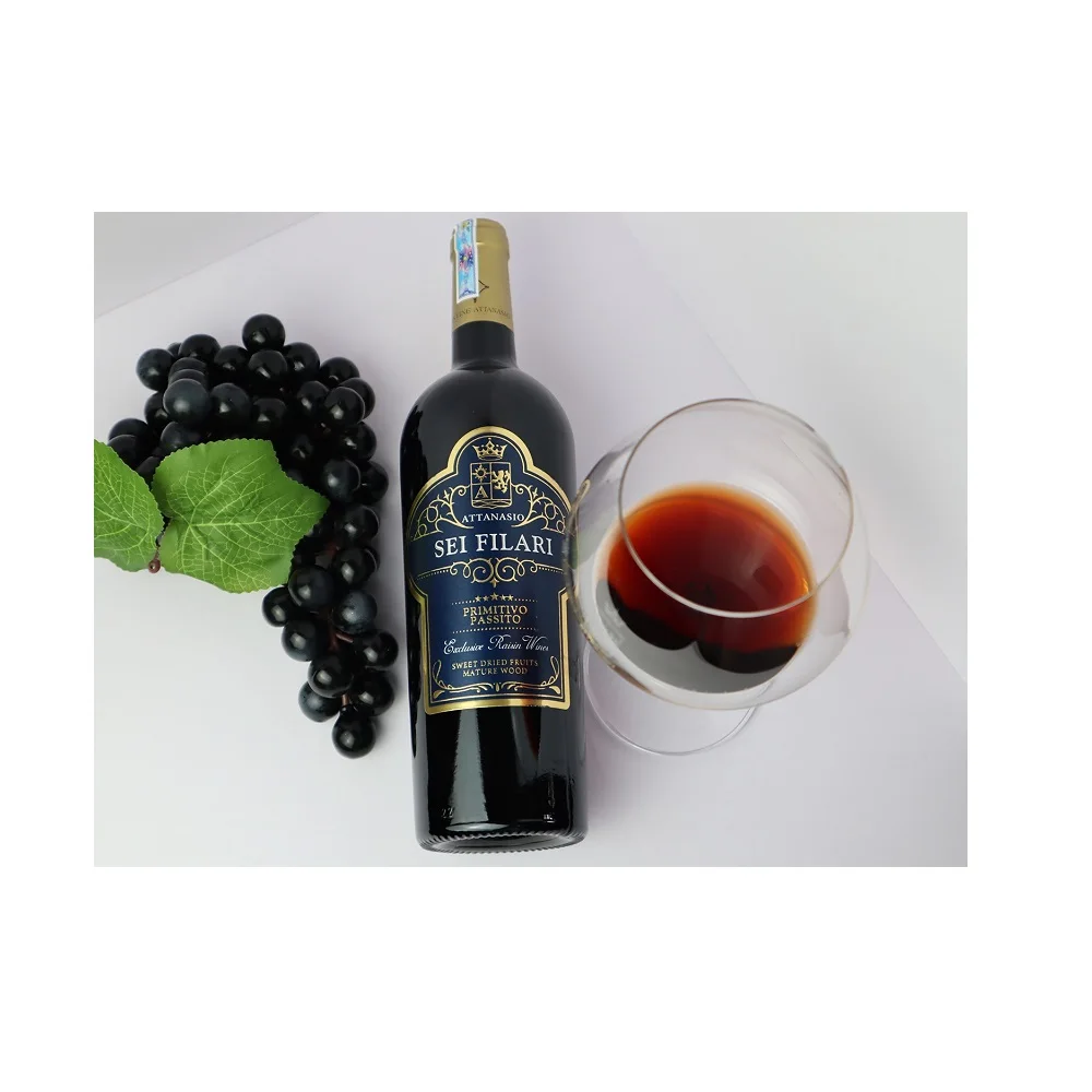 Brand origin table dinning party type red color ruby fruit aroma wine Attanasio Sei filari Primitivo Passito from Italy