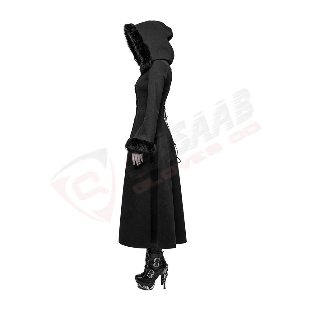 Fashion Hooded Black Winter Longed-Trench Women Breathable-Detachable Fur-Collar Gothic-Victorians Corset-Coat