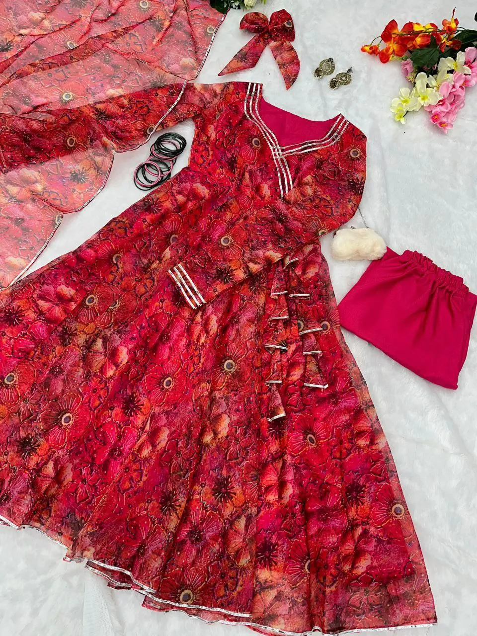 Navratri Special V neck Floral Print Desi Girls Wear Anarkali Dress For Gujarati Cultural Wear Best Material Use By Surat