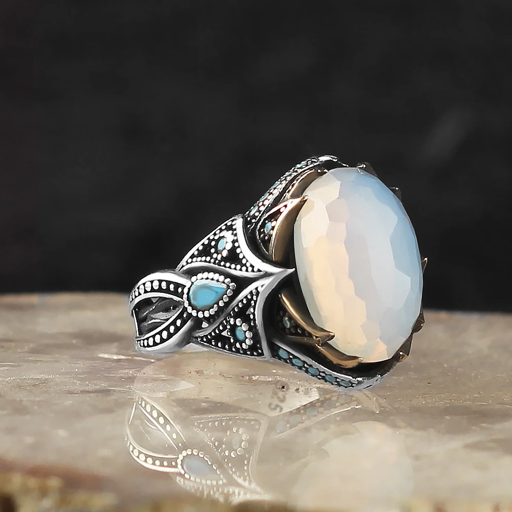925 Silver Blue Zircon Stone Dazzle Men Ring Turkish Handmade Ring Turkish Wholesales Silver Jewelry