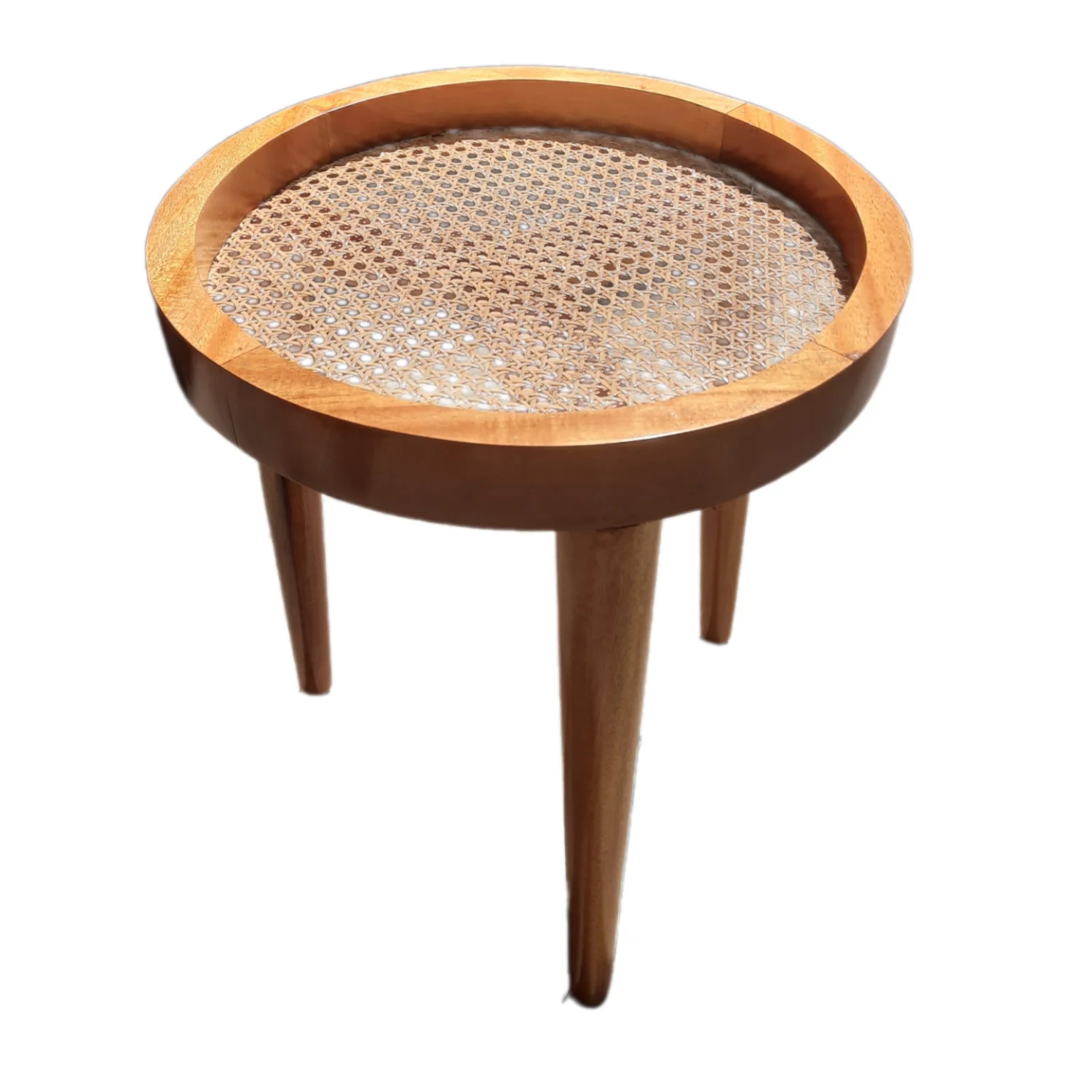 Mass production round wooden table with rattan woven top coffee side table casual home and cafe furniture