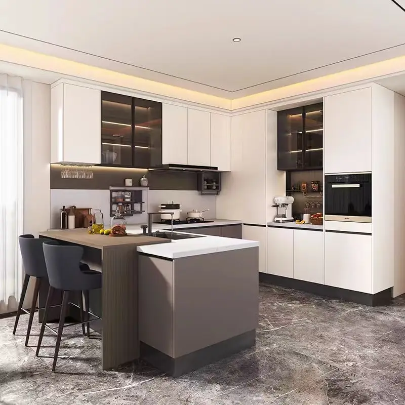 Modern  minimalist style storage kitchen cabinets with kitchen  sink Nature wood veneer kitchen cabinets
