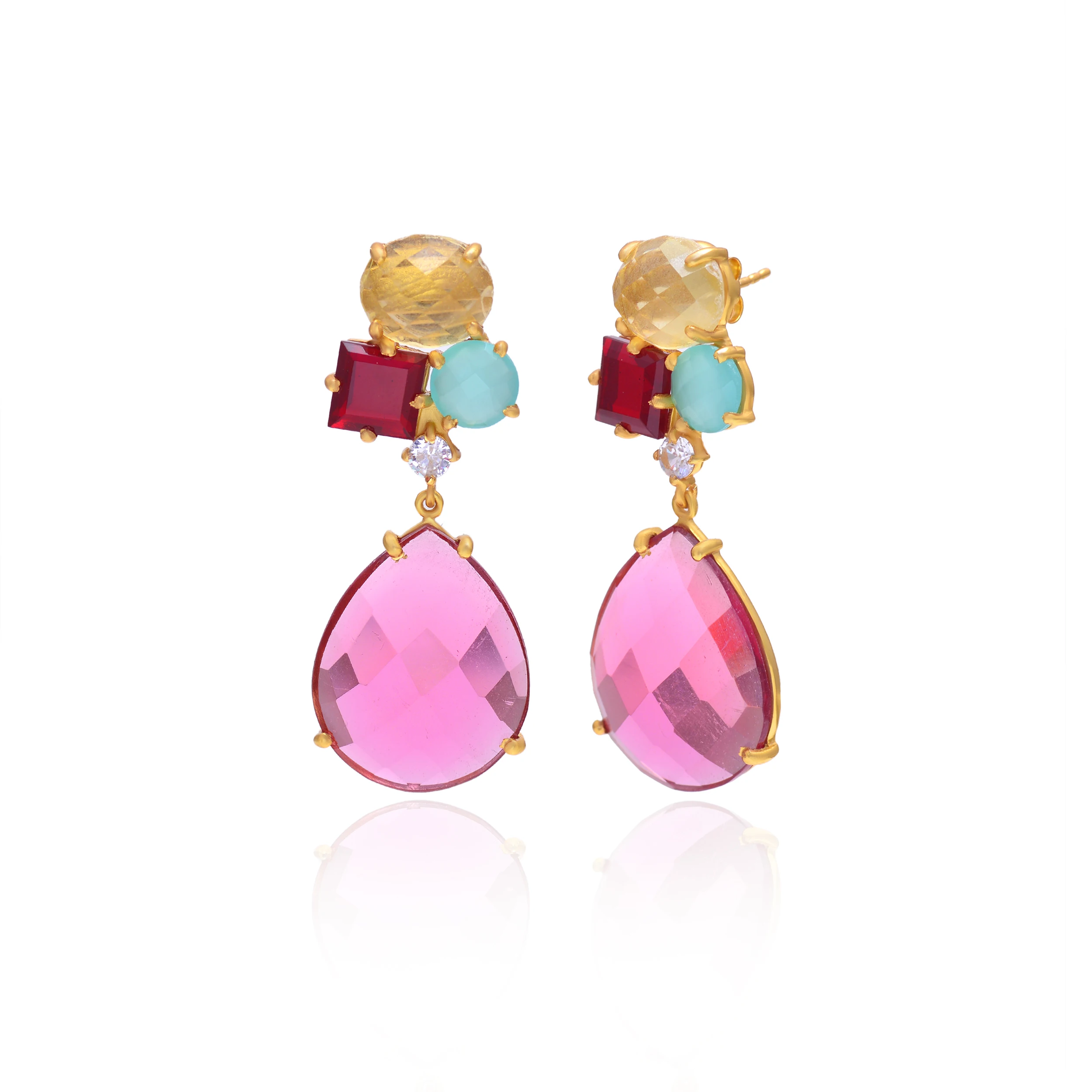 Bohemia Retro Natural Lemon Garnet Aqua Chalcedony Pink Tourmaline Gemstone Vintage 925 Sterling Silver Gold Plated Earrings