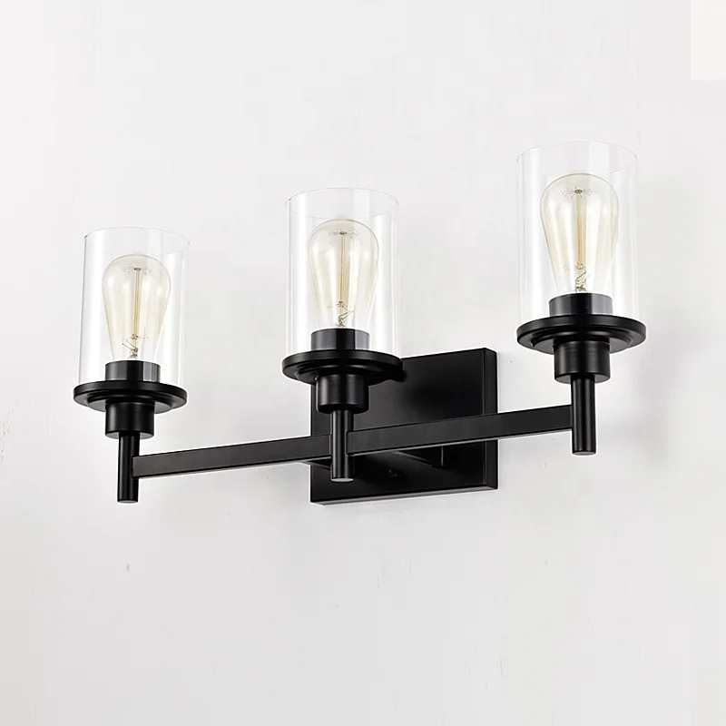 Modern 3-Light Fixture Wall Mounted Matte Black Lighted Mirror Vanity Lights For Bathroom