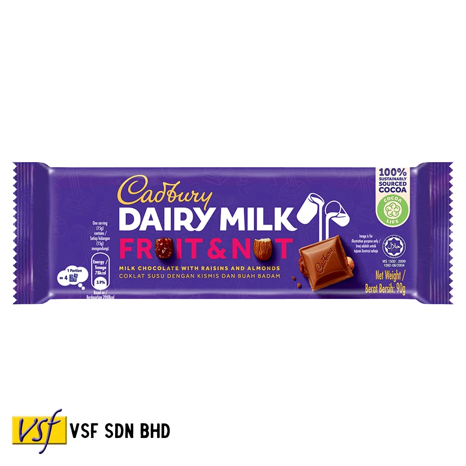 Cadbur y Dairy Milk Chocolate Bar Fruit and Nut 90g x 12 x 6