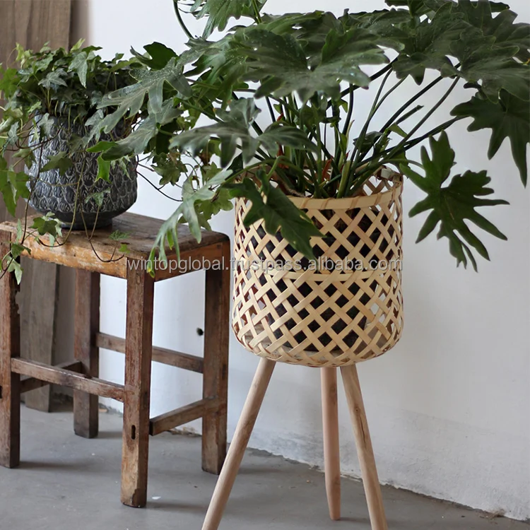Antique Indoor Outdoor Bamboo Flower Pot Rattan Planter With Metal Stand Large Wooden Flower Pot For Home Decor