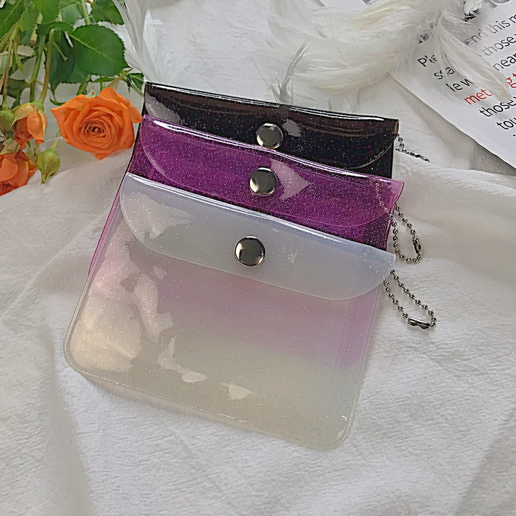 Transparent Glitter PVC Card Bag with Bead Chain Portable Travel Coin Purse Snap Closure Small Pouch Card Holders for Women