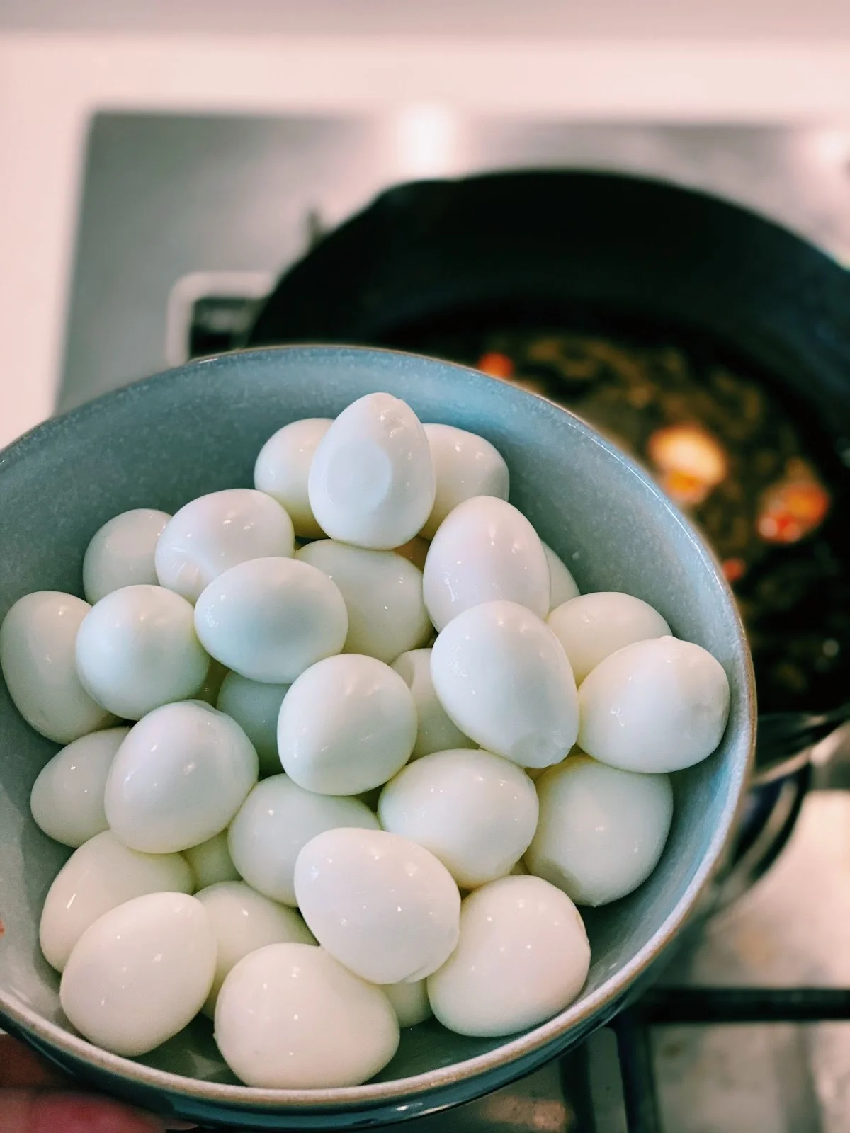 Salted quail eggs with nutritional additives are produced in bulk cans of 425/200g