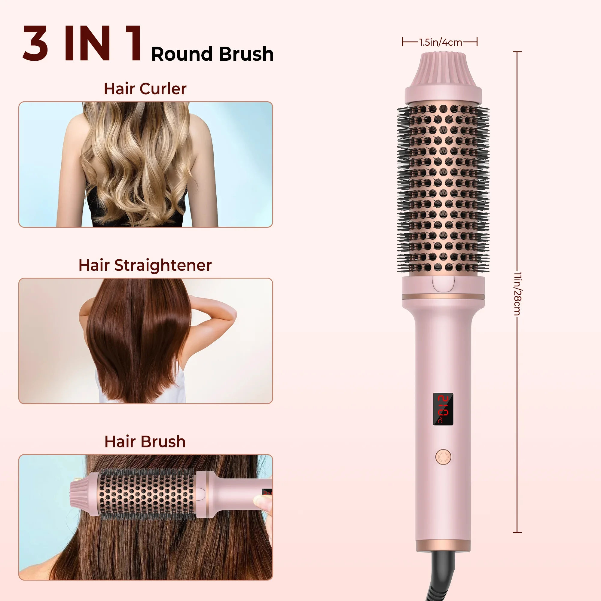 Adjustable Temperature Pink Electric Hair Curl Hot Tools 360 degree Rotating Multitudet Hair Dryer Brush Round Volumizing Brush