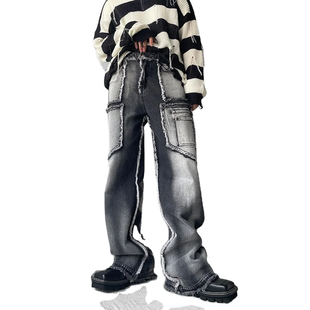 Cargo Jeans Pants Men Oversize Wide Leg Denim Trousers Male Black Design Japanese Streetwear Hip Hop Pocket Safari Style 2024