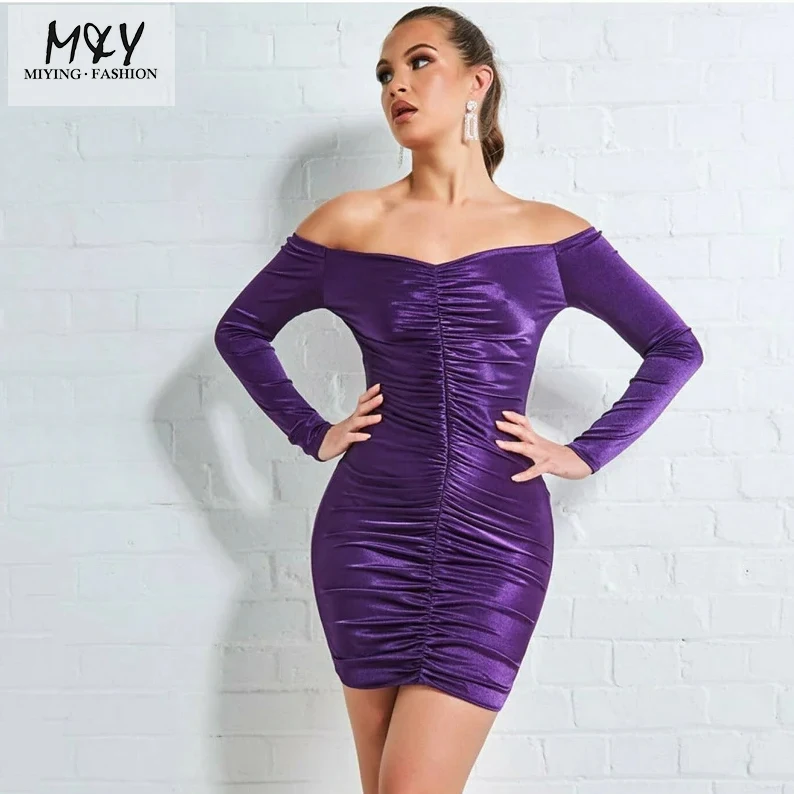 New arrived Pleats Off The Shoulder Ruched Mini Purple sexy Cocktail dress fashion Date night Club Night out Party dress women