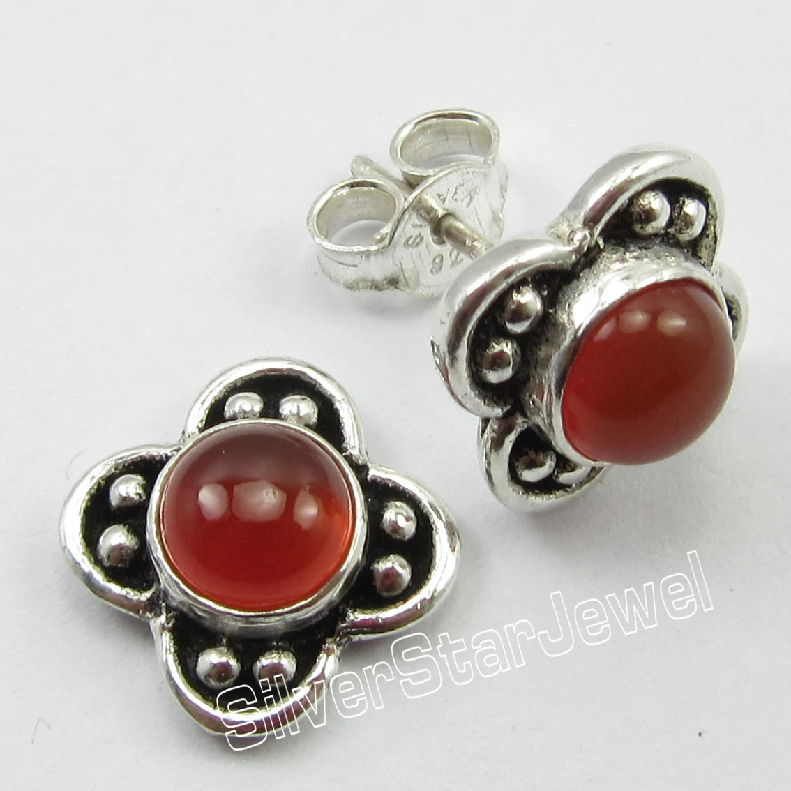 SilverStarJewel 925 Sterling Silver Extraordinary Costume Jewelry Genuine Red Carnelian Posts Earrings Diamond 0.6 Inch Bulk