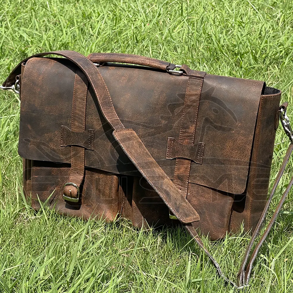 Genuine Leather Laptop Bag Brown Cowhide Messenger Office Work Computer Laptop Bag Large Rustic Shoulder Bag For Men