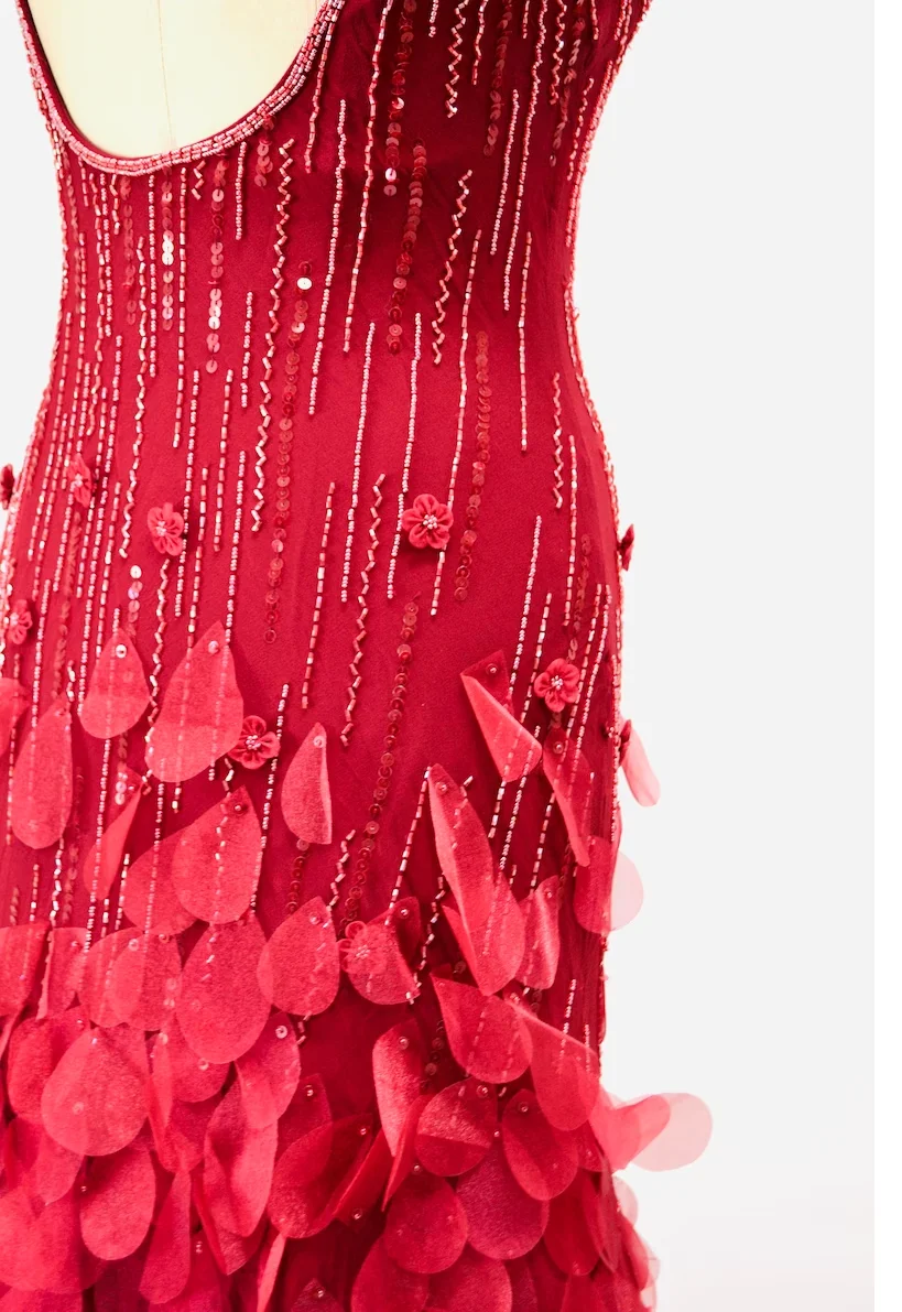 90s 00s Vintage Bias Cut Dark Red Sequin Evening Gown Dress Sue Wong Medium Red Floral Sequin Silk Gown Dress y2k Pageant Party