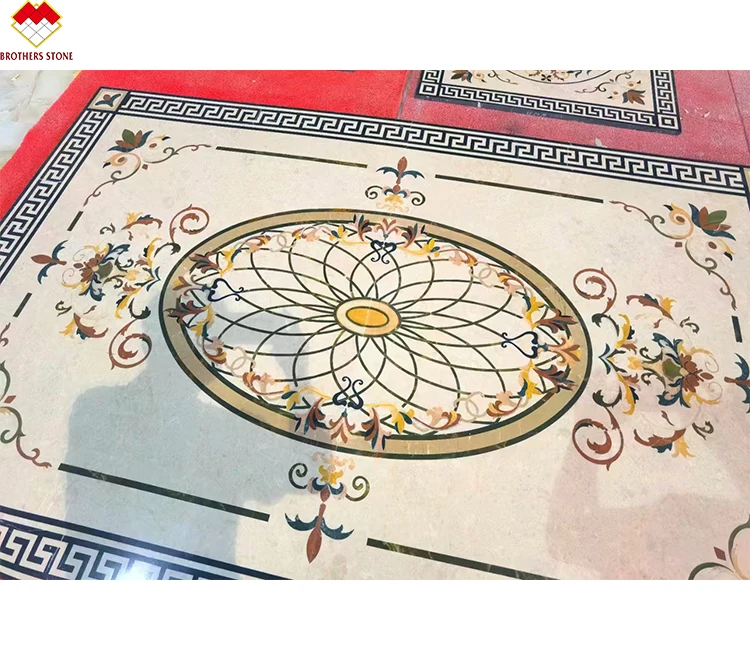 custom made marble carpet whole floor inlay beige marble flooring design classic lobby waterjet marble medallion for home