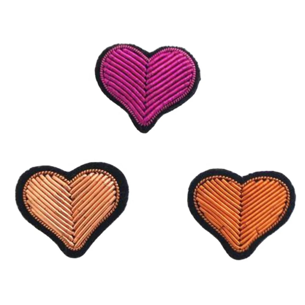 OEM Fashion Bullion Wire Embroidery Heart Brooch in Shiny Gold White Red Purple or Customized Colors Designs and Sizes Blazer