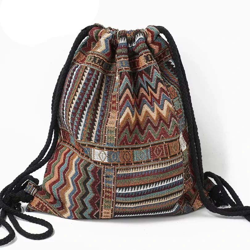 Female Gypsy Bohemian Chic Aztec Ibiza Tribal Ethnic Ibiza Brown Drawstring Rucksack Bags Wholesale Women Fabric Backpack