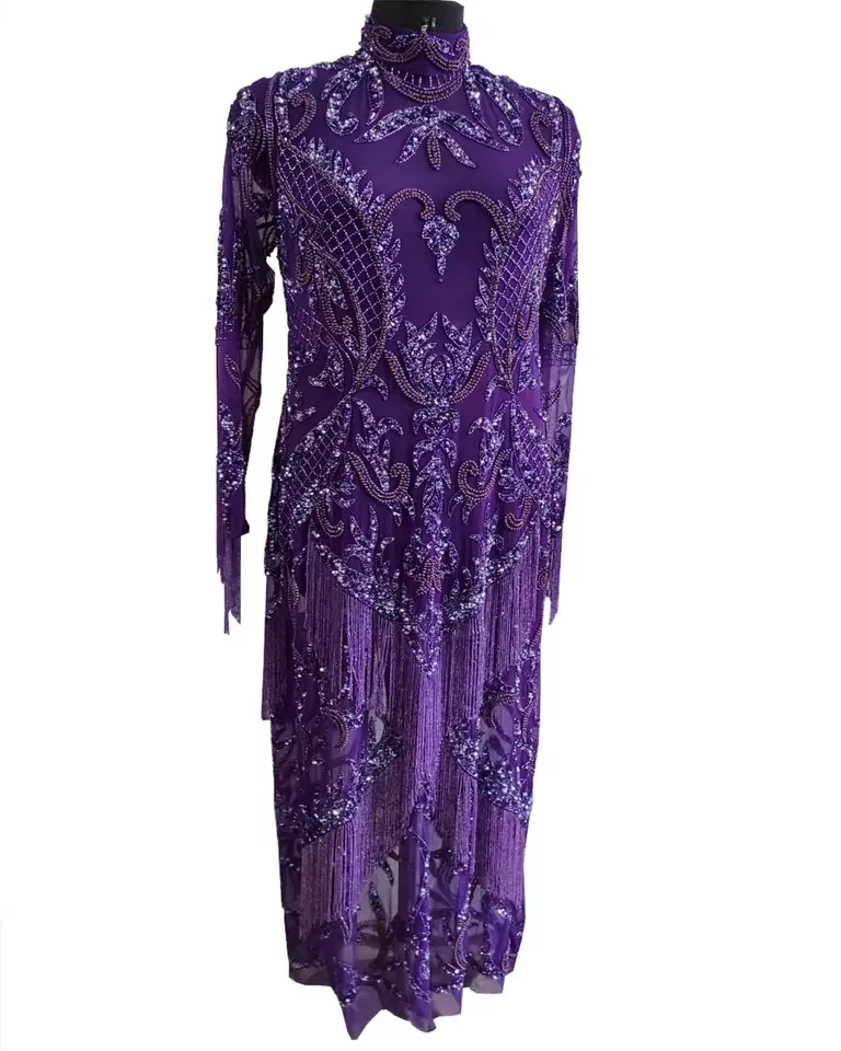 Vibrant Blue Hand Embroidered Hand Beaded Fully Heavy embroidery fringed Dubai Style Kimono Abaya Evening Dress