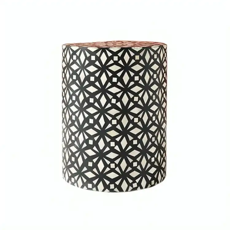 Bespoke Luxury round Drum Stool with MOP Polished Wood Accents Customized Bone Inlay Design Refined Home Living Room Settings