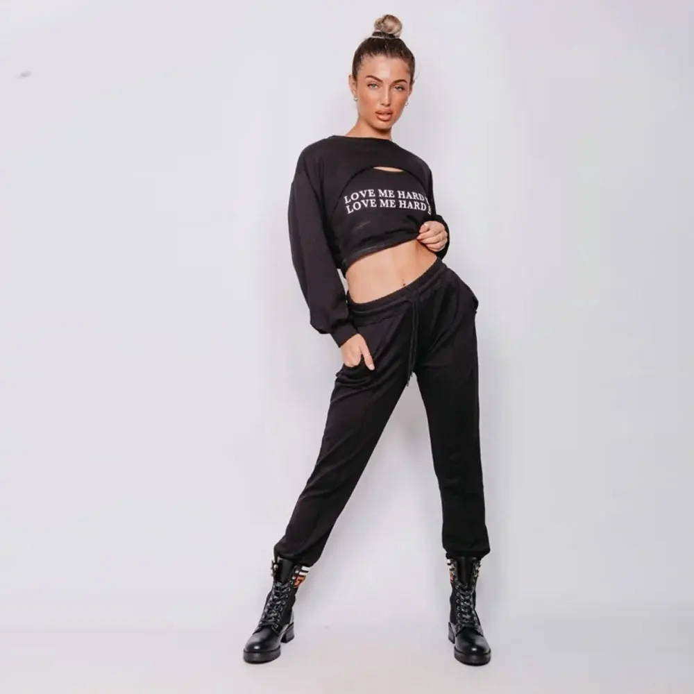 Crop Top Cropped Hoodie 70% Cotton 25% Polyester 5% Elastane Love Me Harder Slogan Black Color Women Hoodies