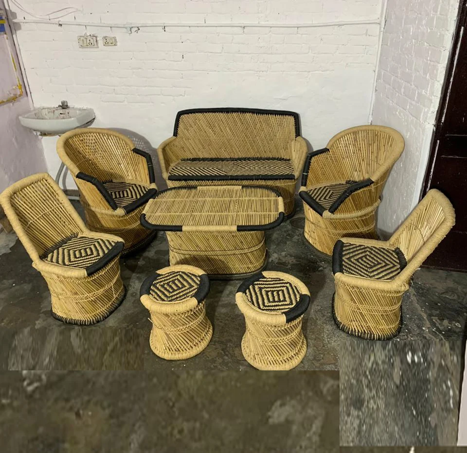 Hot Sale Bamboo handmade Furniture Set of 8 Including Xl size Chairs Table  Stools for living rooms, Hotels Resorts Use