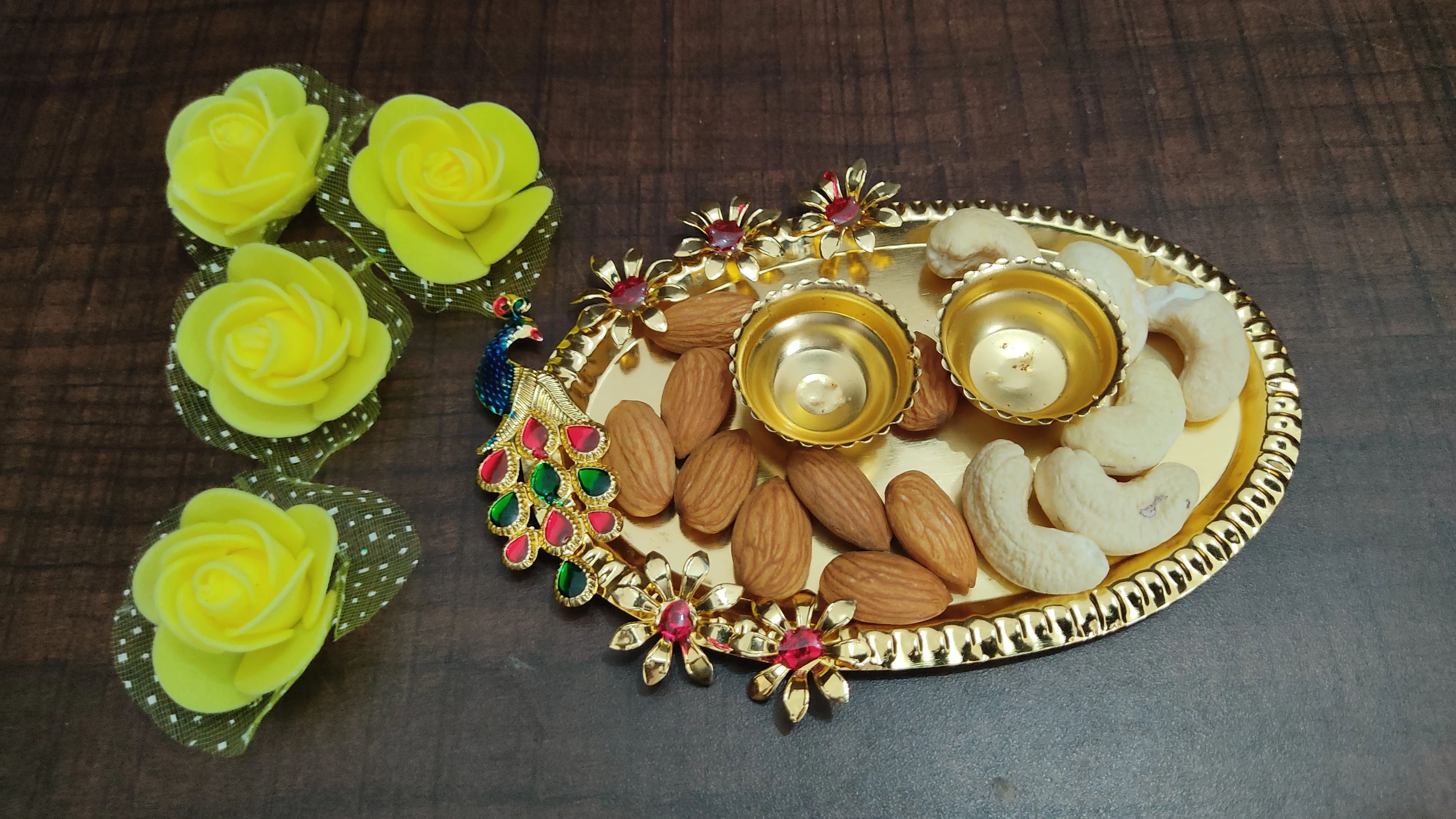 Indian Small Plate Of Kumkum Chabal For Puja, Handcrafted Puja Thali Religious Wedding Favors.
