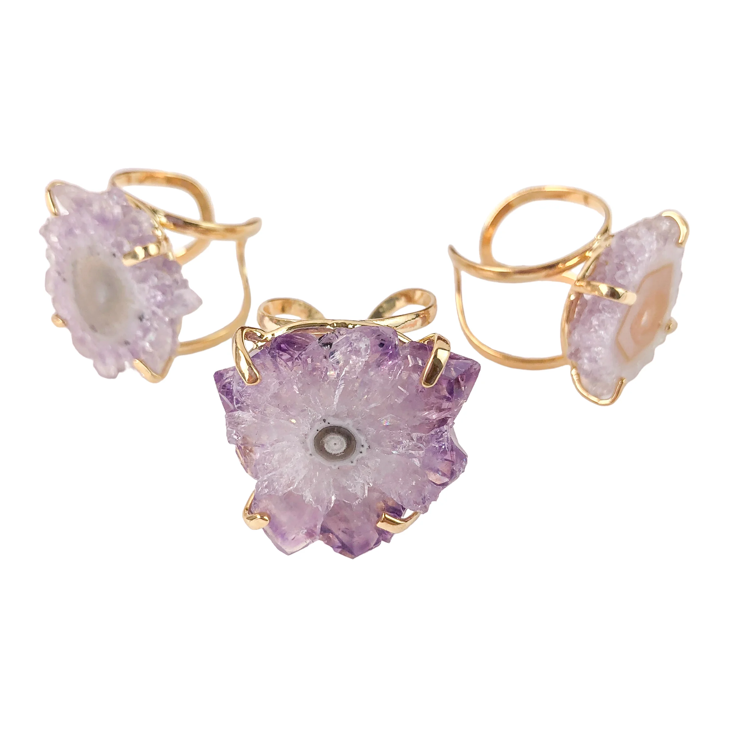 Wholesale High Quality Amethyst Stalactite Rings from Brazil Natural Quartz Gemstone Jewelry with Silver and Gold Finish