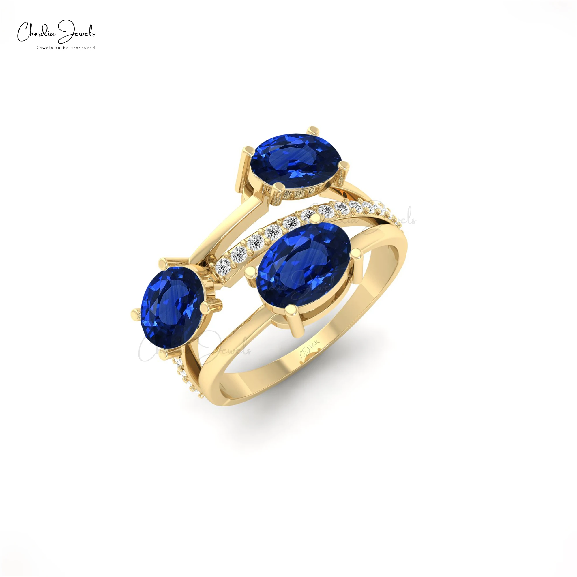 MOQ 1 PC Custom High Quality 14K Gold Diamond Wedding Ring With Blue Sapphire 7X5MM Oval Cut Three Stone Jewelry Bulk Wholesale