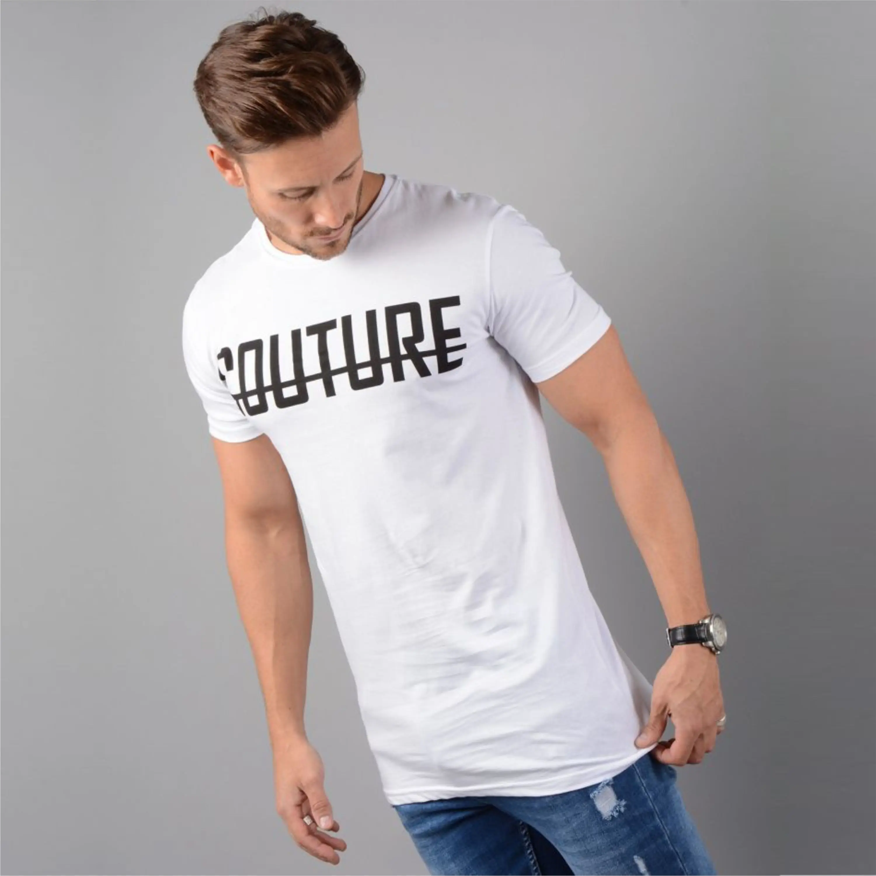 100% Fine Ring Spun Combed Cotton OPtech 200 gsm Single Jersey Slim Fit Short Sleeves White Mens Longline T-Shirt