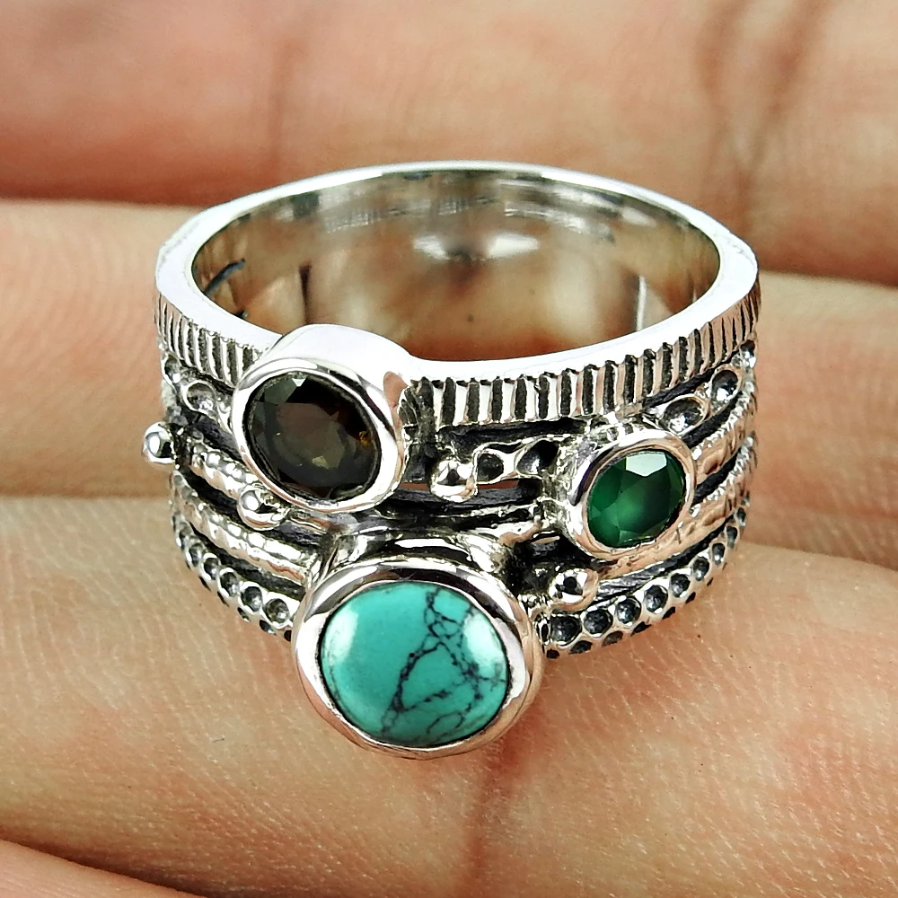 2024 Factory Custom jewelry 925 Sterling Silver Natural Turquoise Smoky Quartz Green Onyx Gemstone Round Shape Three Stone Ring