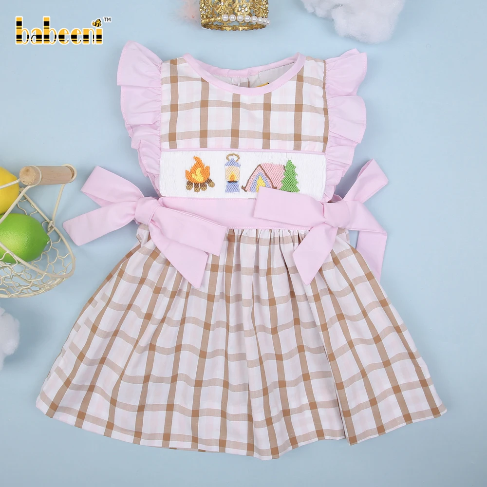Camping hand smocked plaid dress ODM customized hand made embroidery wholesale smocked dresses - BB2922