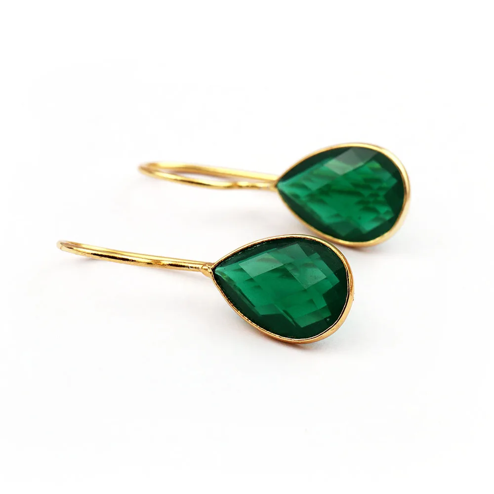 Emerald Prong Setting Pear Shape Stones Dangling Earrings Gold Plated Brass Pear Charms Stud Earrings  Jewelry Mode Joyas E-1494