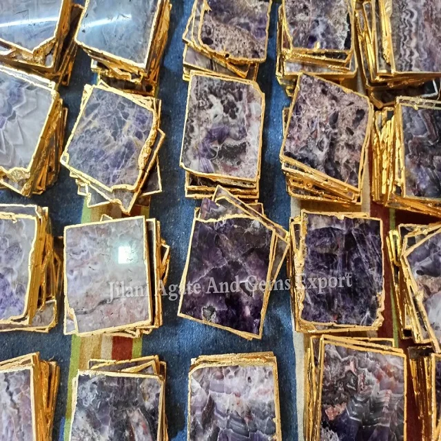 Wholesale High Quality Amethyst Agate Quartz Coasters with Golden Rim Polished Healing Table Cup for Home Decor