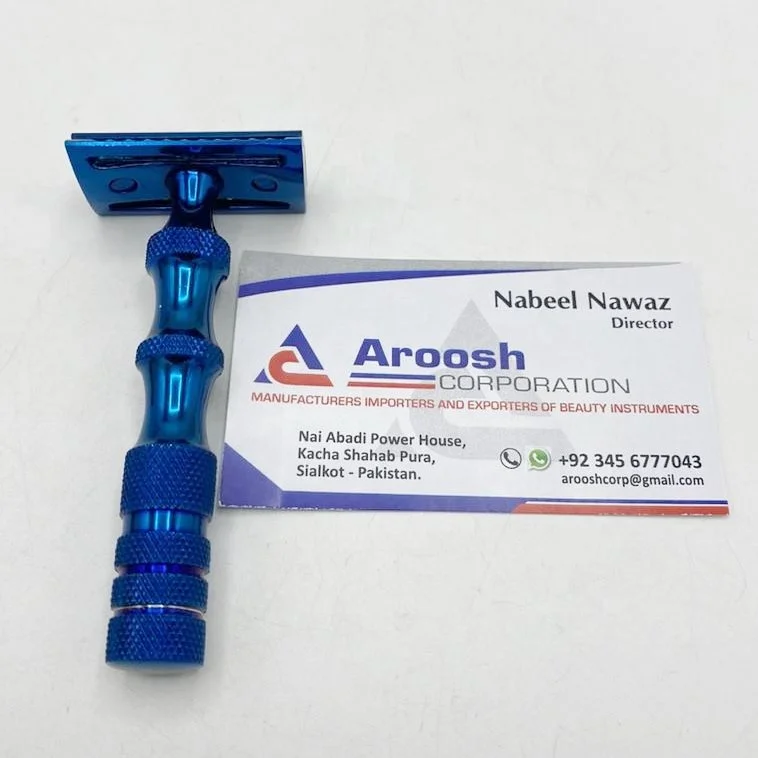 Plasma Blue Titanium Stainless Steel 3 Piece Double Edge Safety Razor For Men Shaving Kit