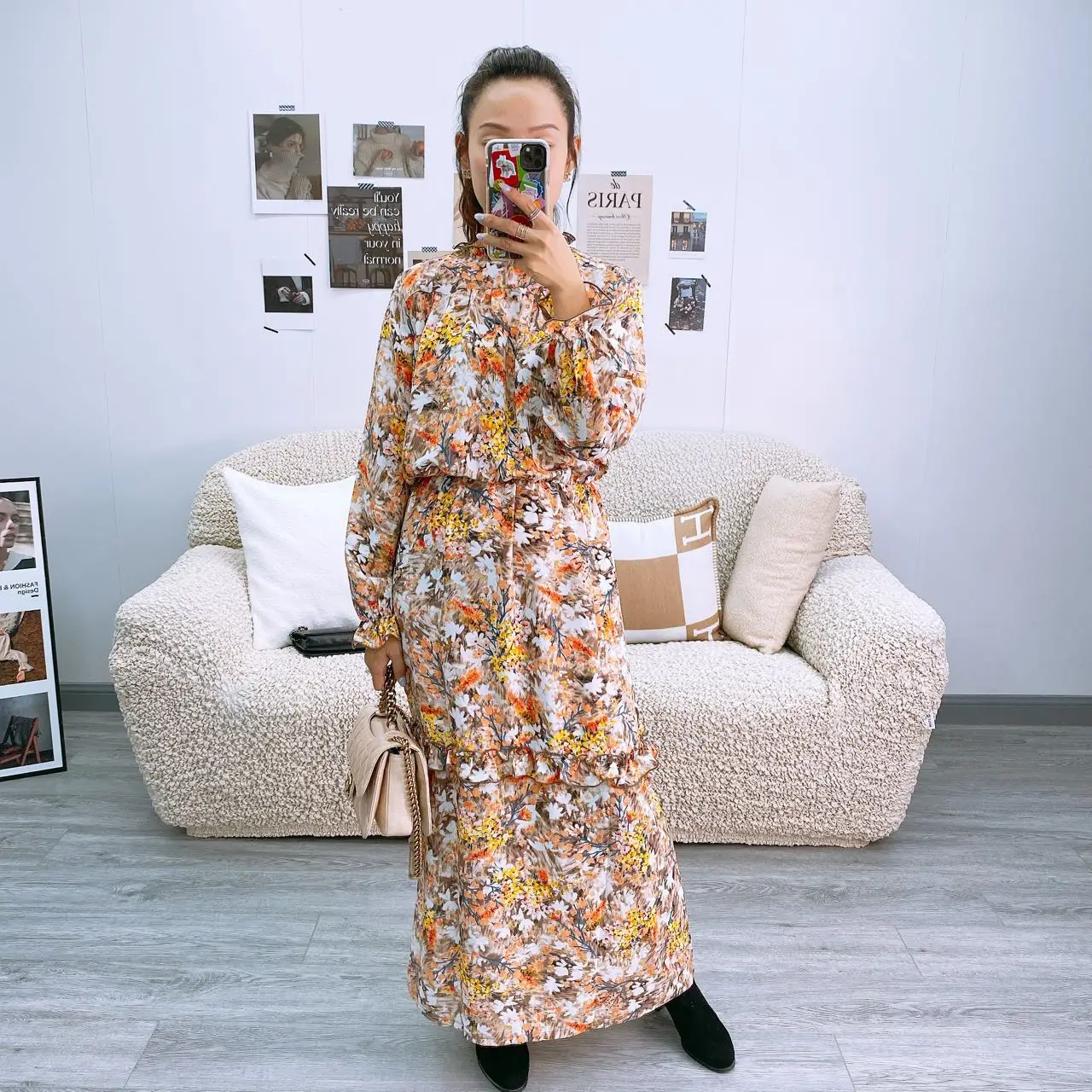 Women autumn and winter ruffle collar  long sleeve dress chiffon flower print woven waistseam slim fit casual long dress lady