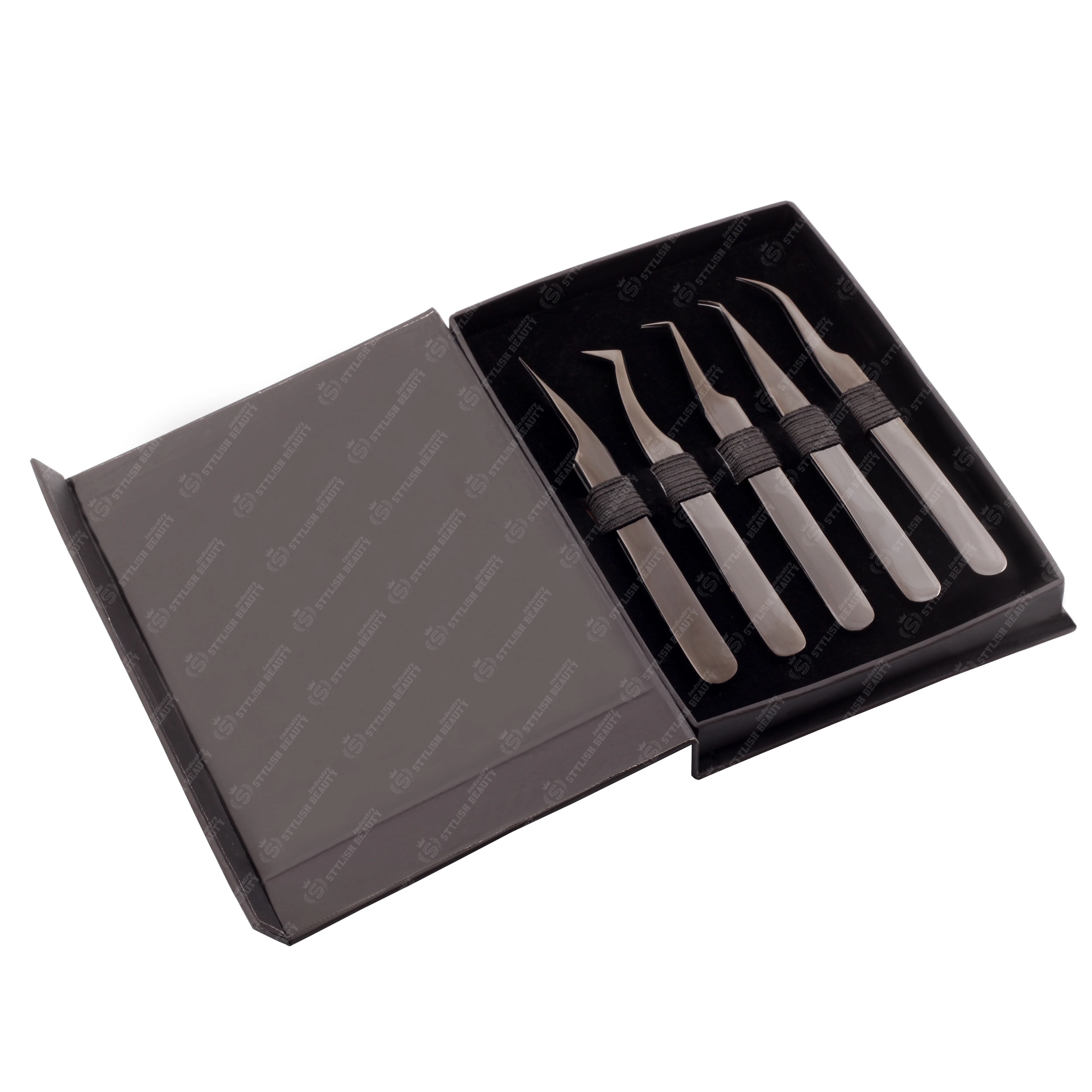 Lash Extension Tweezers Bulk Volume Eyelash Tweezers Plasma Black With Matching 5 Pieces Box Packing Custom logo