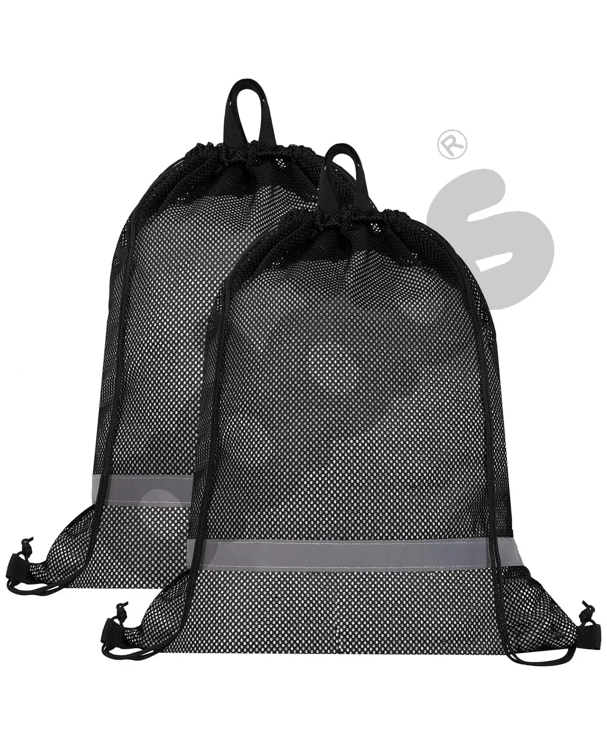 Mesh Swim Bag - Drawstring Net Gym Beach Backpack with Reflective Strip (Black)