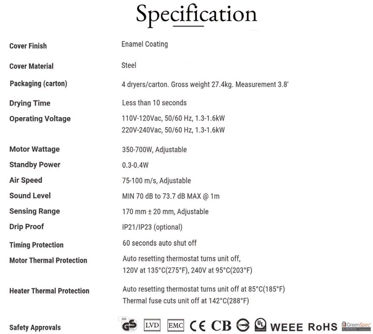 Commercia Hotel Public bathroom for toilet high speed electric sensor automatic Hand Dryer