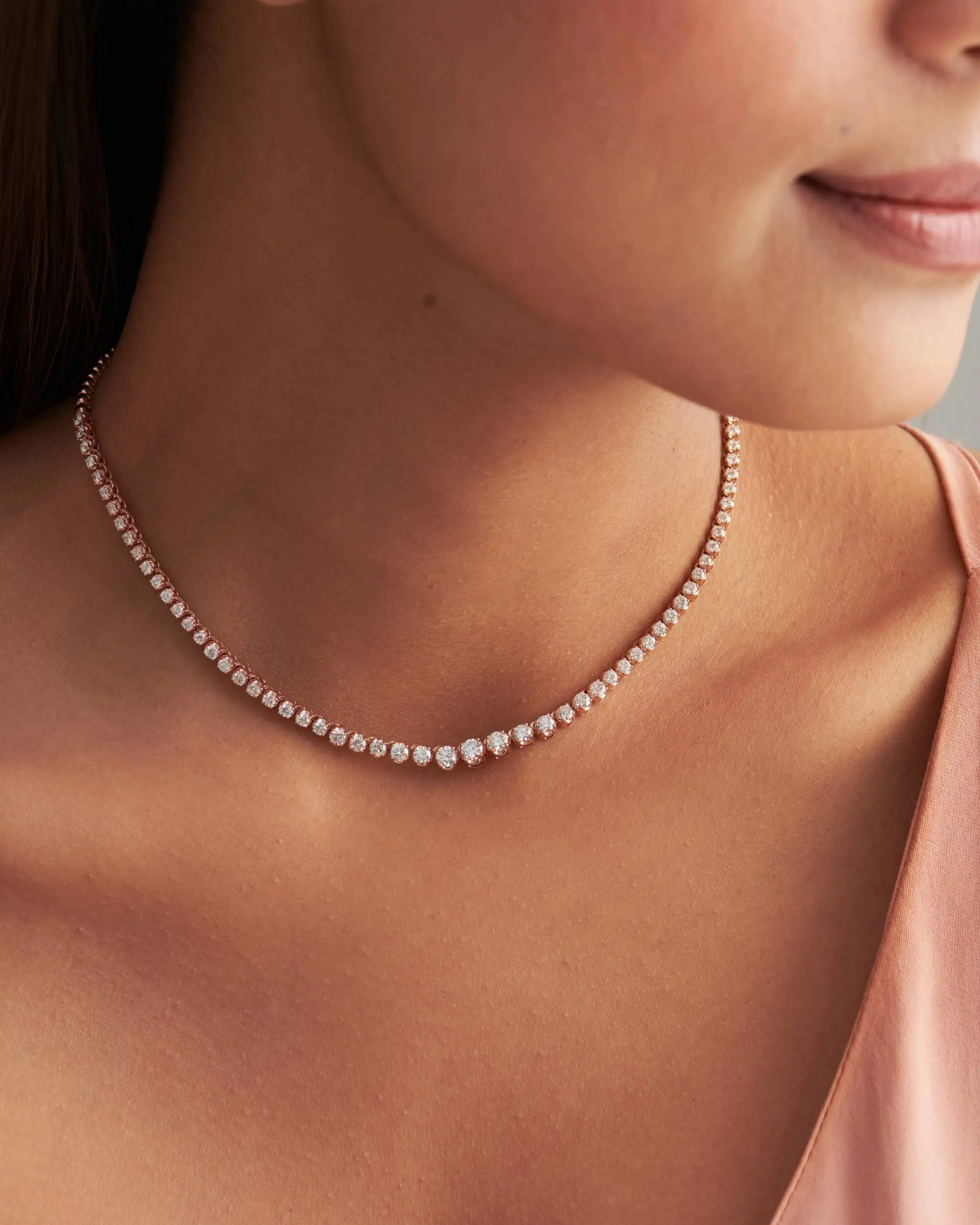 14k Yellow Gold Natural Round Brilliant Cut Graduated Diamond Tennis Necklace With White Natural Diamond OEM For Men And Women