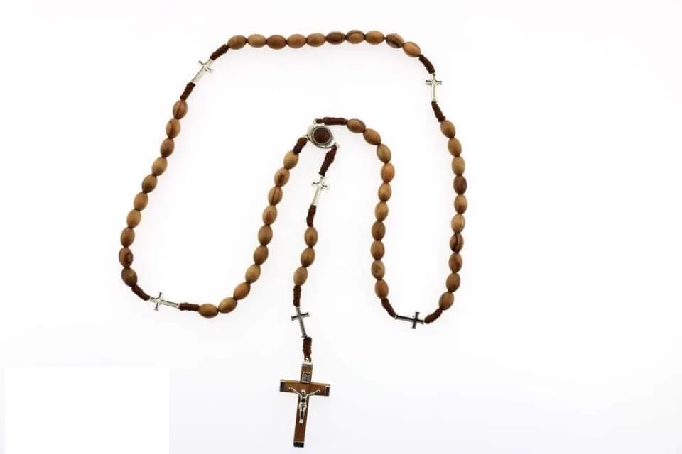 Catholic Prayer Jerusalem Rosary 6*8mm Olive Wood Beads Religious Necklace Holy Soil Medal & Metal Cross