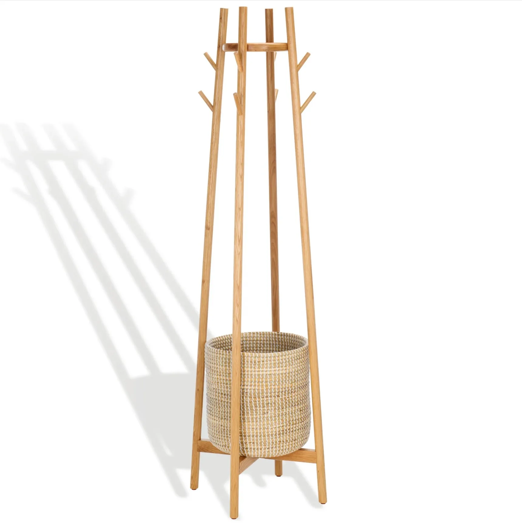Minimal Traditional Design Wooden Coat Rack With Rattan Wicker Storage Basket For Home and Hotel Furniture