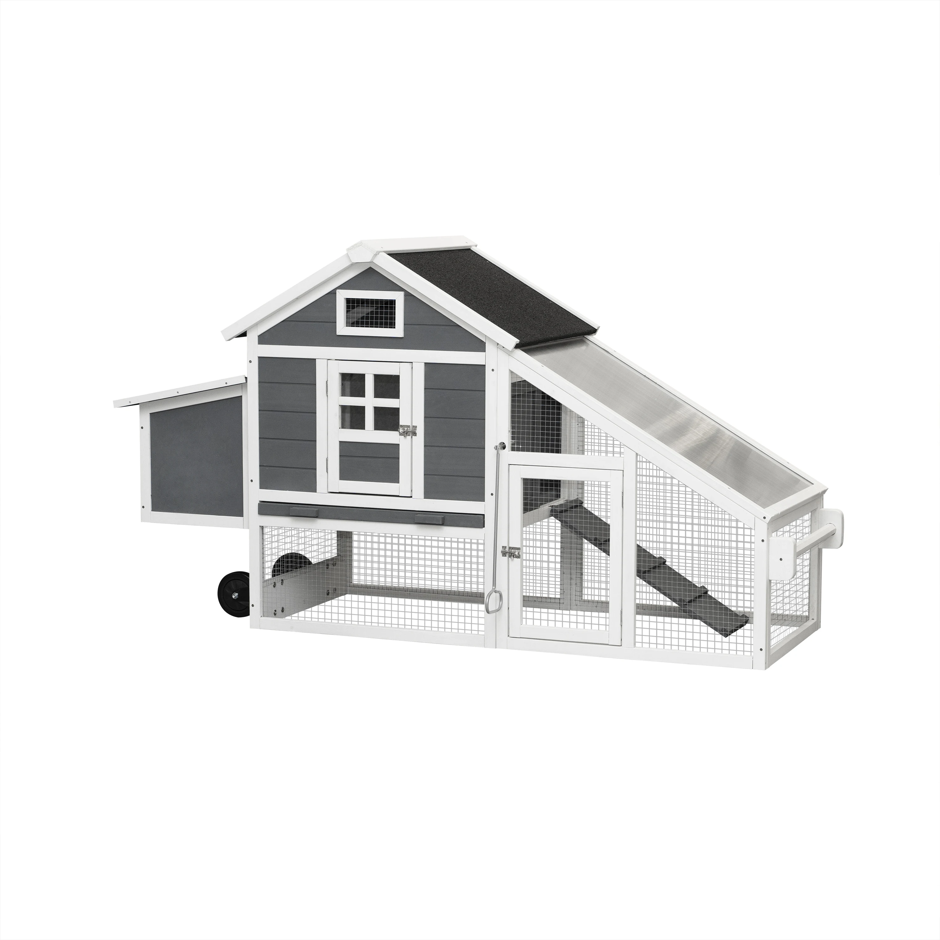 Large Chicken Run with Wheel Wooden Mobile Outdoor Hen House with Chicken Nest Box Chicken Tractor Poultry Cage Back Yard